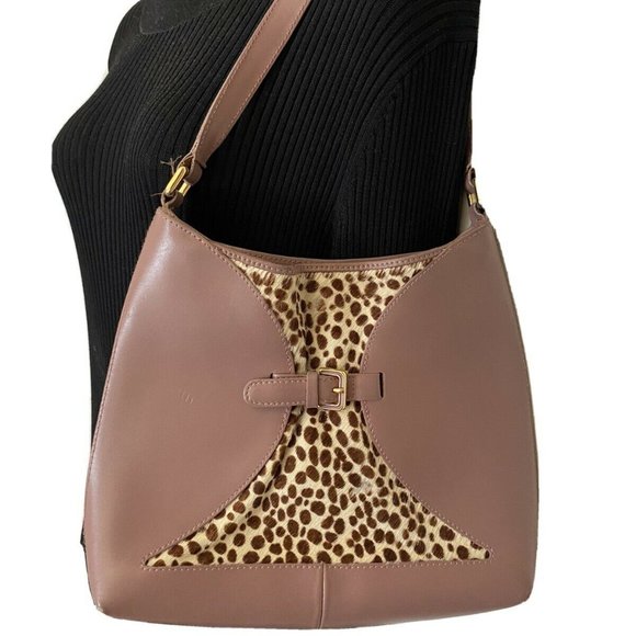 Furla Handbags - FURLA Pink Leather Animal Print Fur Contrast Handb